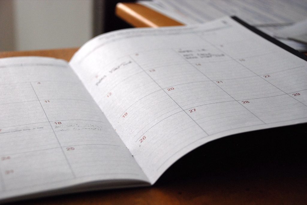 An open monthly planner showing a calendar grid